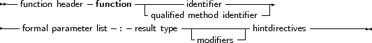  --function header- function -|-------identifier---------
                      -  - qualified method identifier
----formal parameter list : result type------------hintdirectives-----------
                                   modifiers
     